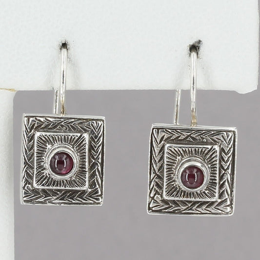 Anatoli Handcrafted Sterling Silver Garnet Cabochon Square Small Drop Earrings