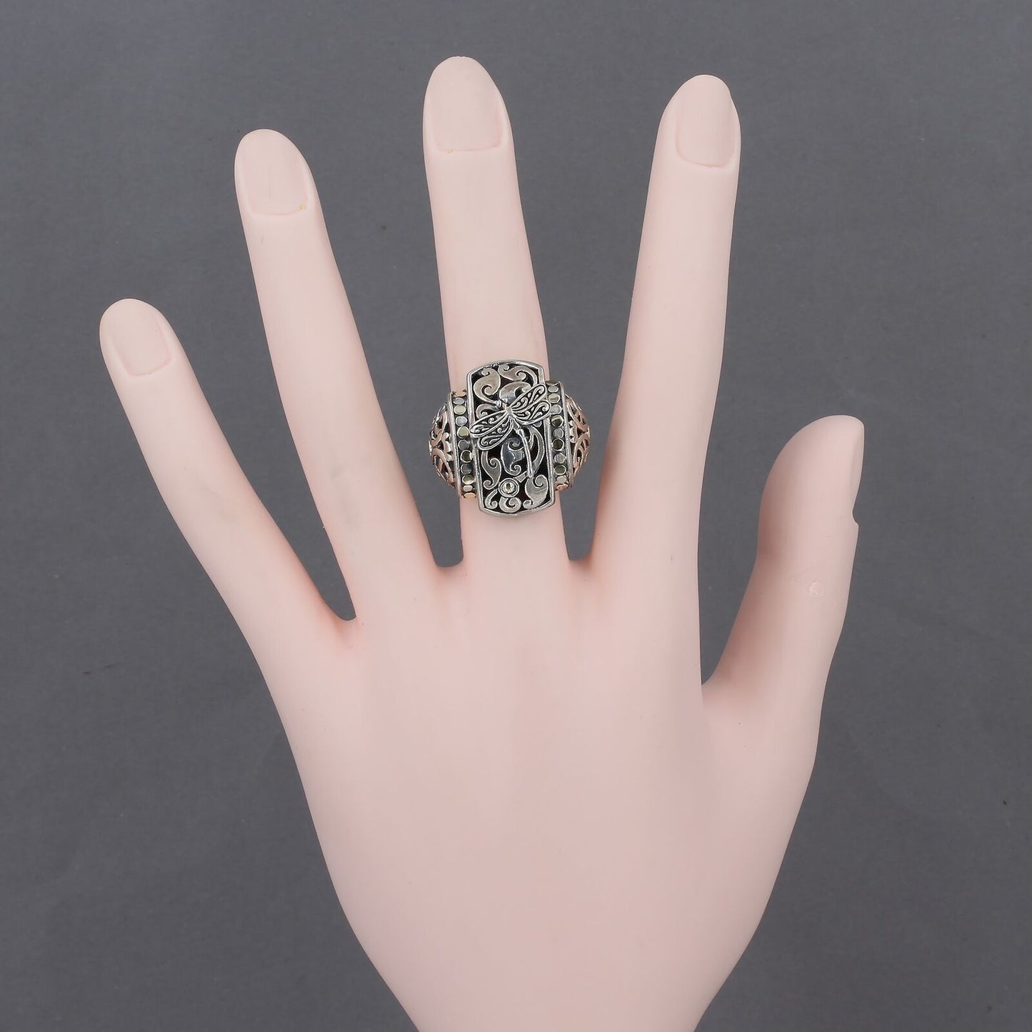 Phillip Gavriel Sterling Silver & 18K Gold Dragonfly Open Scroll Ring Size 6.75