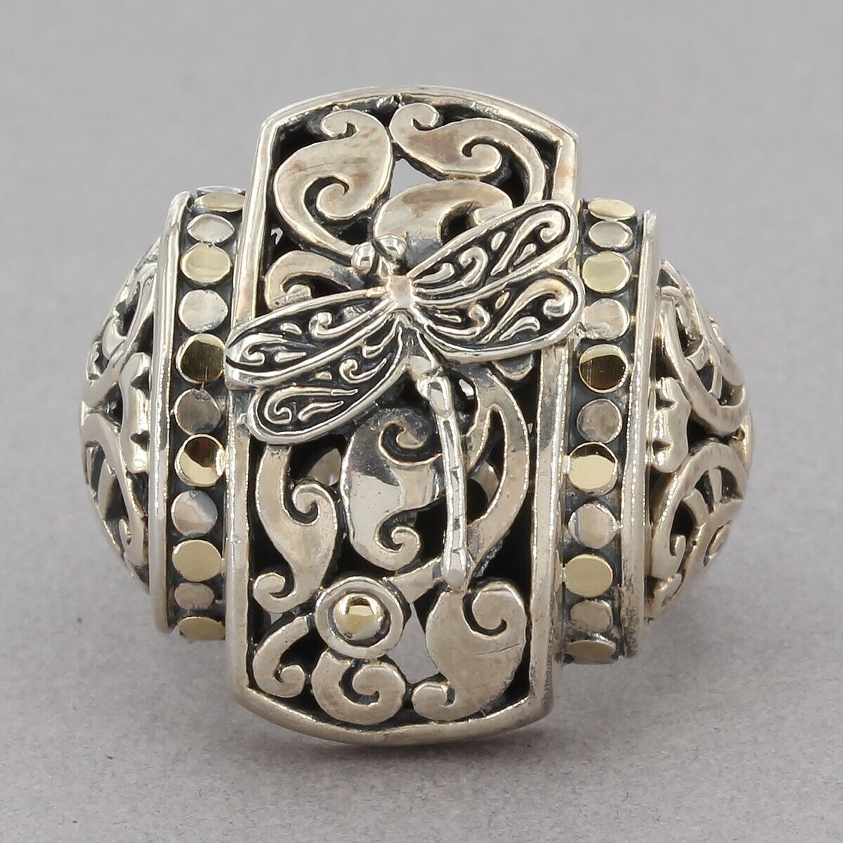 Phillip Gavriel Sterling Silver & 18K Gold Dragonfly Open Scroll Ring Size 6.75