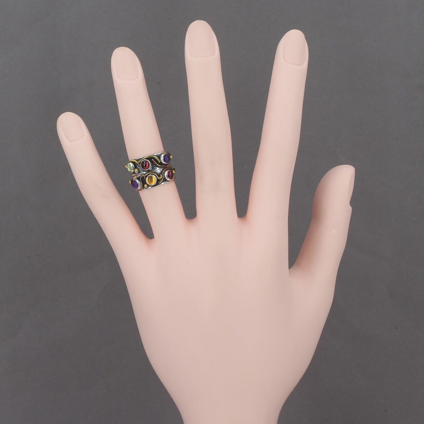 2 Handcrafted L. Leigh Linton Sterling Mixed Metal Gemstone Cabochon Rings 4.75+