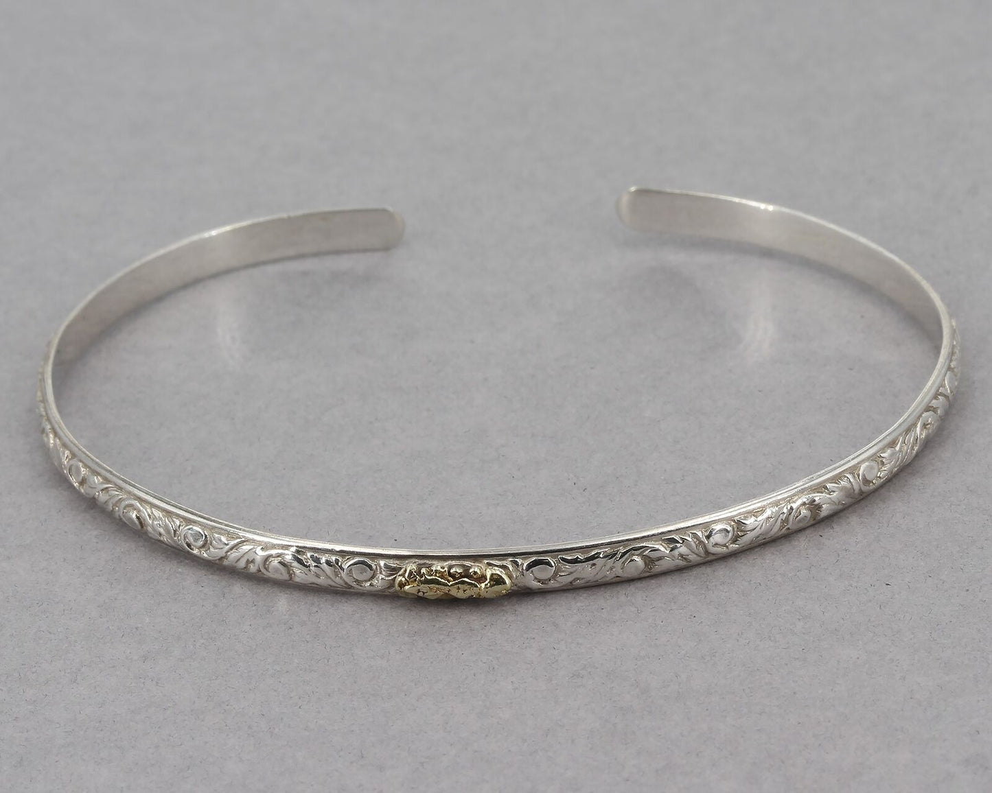 Thin Dainty Vintage Sterling Acanthus Scroll Cuff Bracelet w/ Gold Nugget Accent