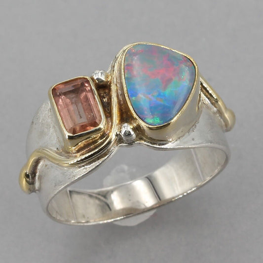 Michou Handcrafted Sterling & 22K Gold Vermeil Opal & Tourmaline Ring Size 7.75