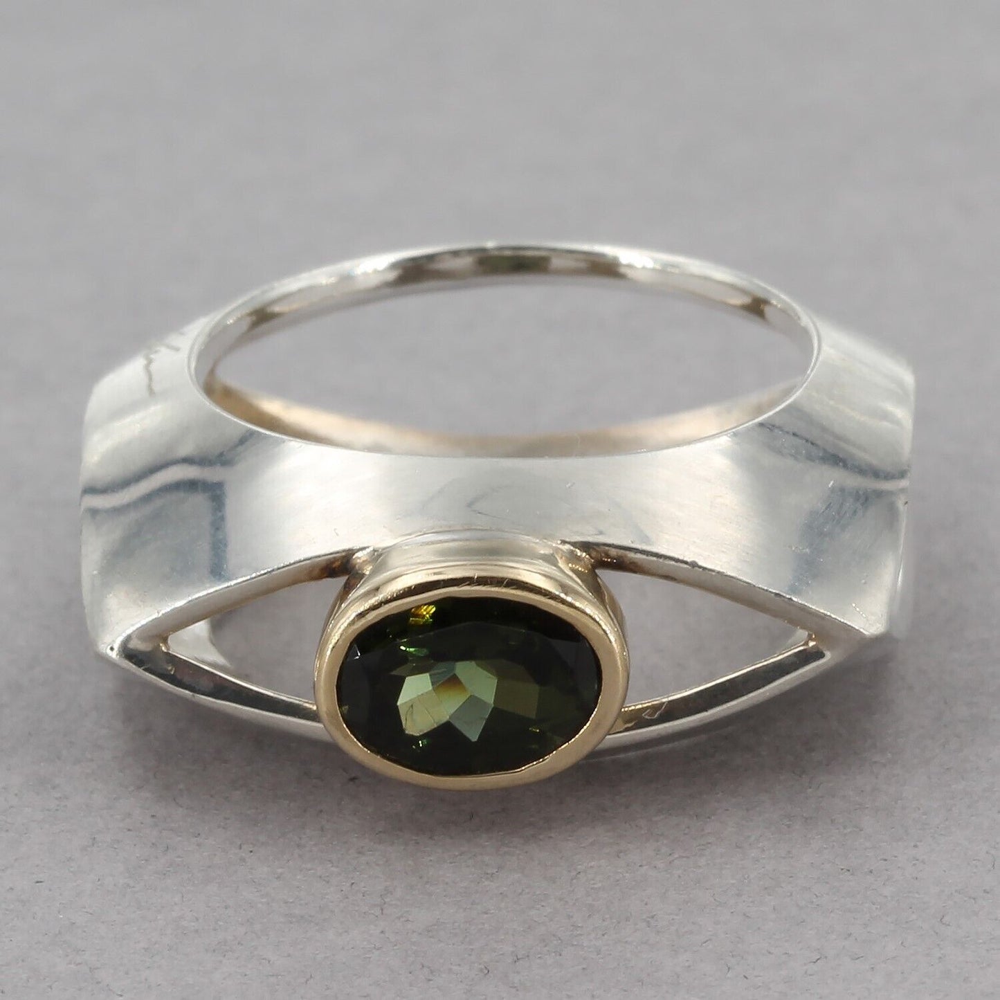 Pepe Cerroblanco Sterling Gold Bezel Green Tourmaline Sculptural Ring Size 6.75