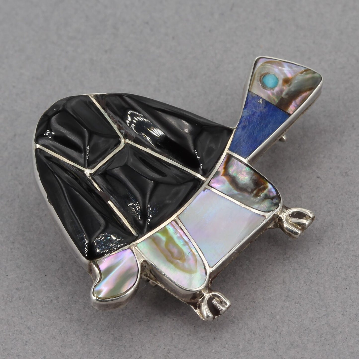 Darrell Shebola Zuni Handmade Sterling Multi-Stone Inlay Turtle Pin Pendant DJS