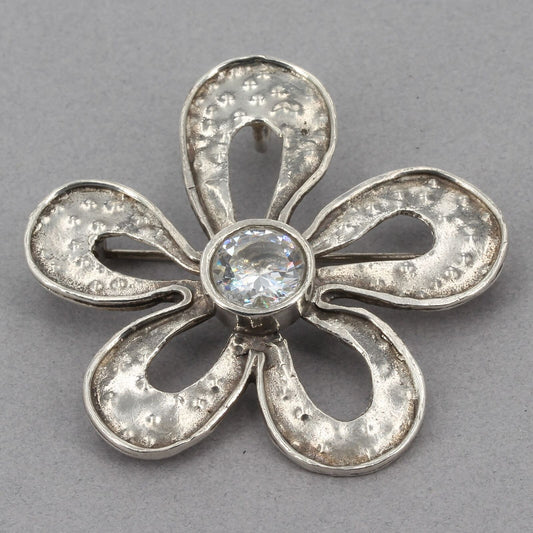 Retired Silpada Oxidized Hammered Sterling Silver CZ Flower Pin Pendant I1540