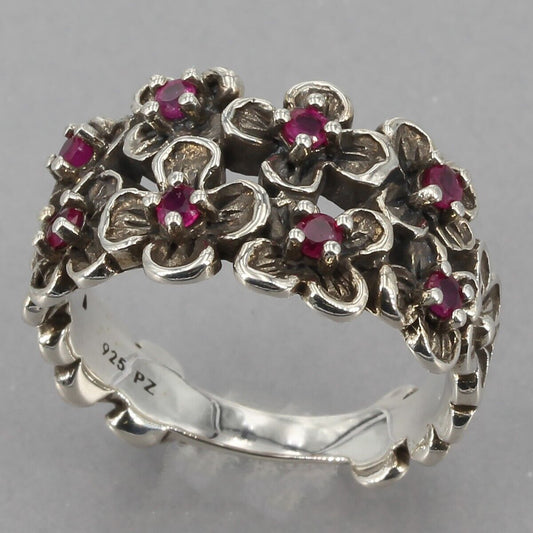 Or Paz Israel Oxidized Sterling Silver Ruby Multi Flower Ring Sz 8.25