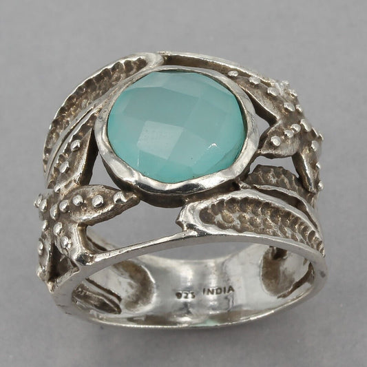 Textured Sterling Silver Faceted Aqua Chalcedony Starfish Ring Size 7.75