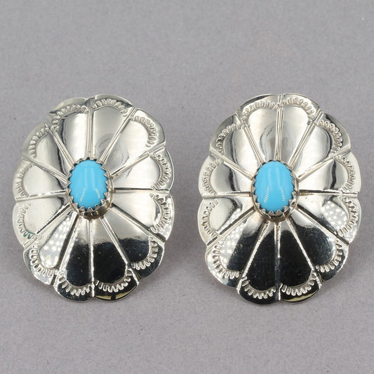 Southwestern Sterling Silver Turquoise Concho Post Earrings Signed R 1-1/4" x 1"