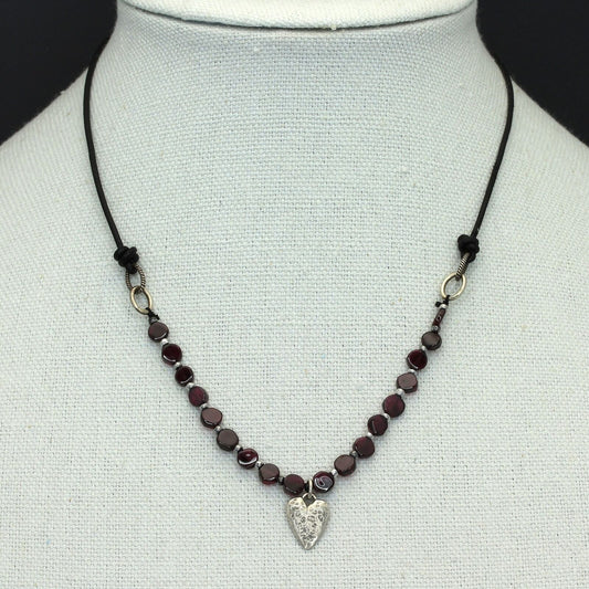 Dainty Retired Silpada Sterling Leather Cord Garnet Bead Heart Necklace N1898
