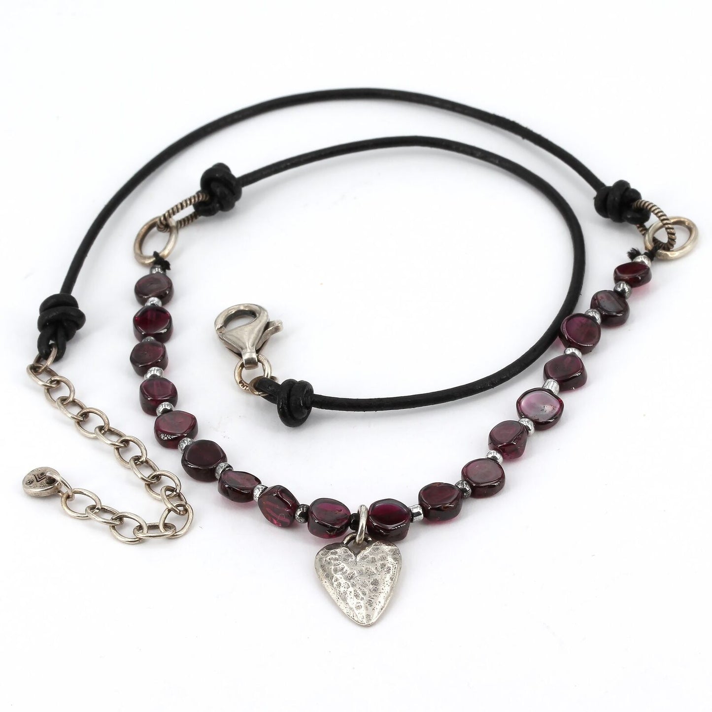 Dainty Retired Silpada Sterling Leather Cord Garnet Bead Heart Necklace N1898