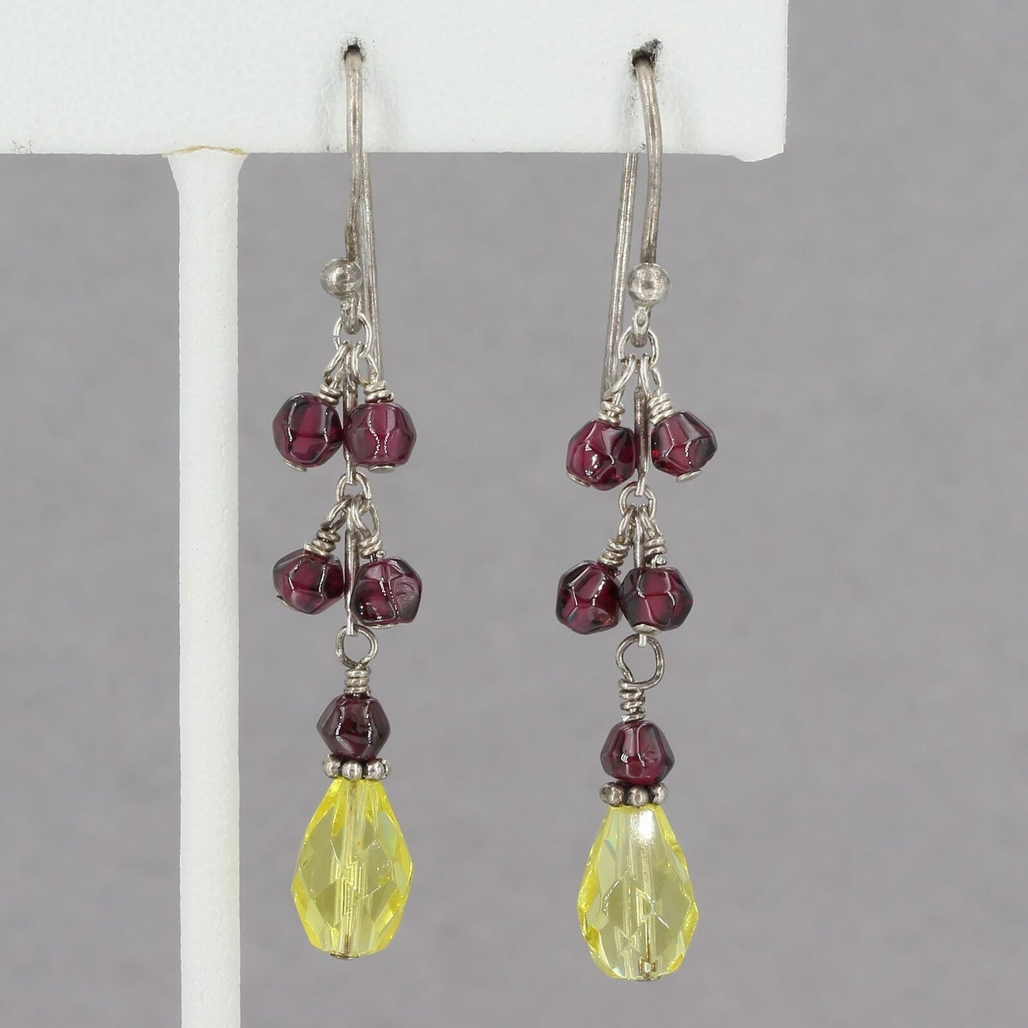 Rare Vintage Silpada Sterling Garnet & Yellow Glass Bead Dangle Earrings W1054