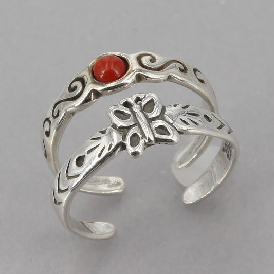 Retired Silpada Sterling Silver Red Coral & Butterfly Toe Rings O1381 O1397