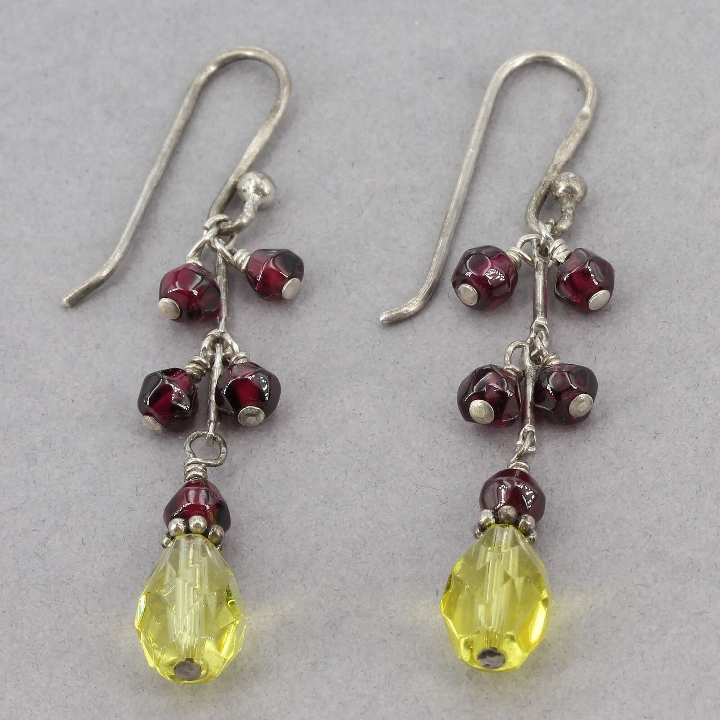 Rare Vintage Silpada Sterling Garnet & Yellow Glass Bead Dangle Earrings W1054