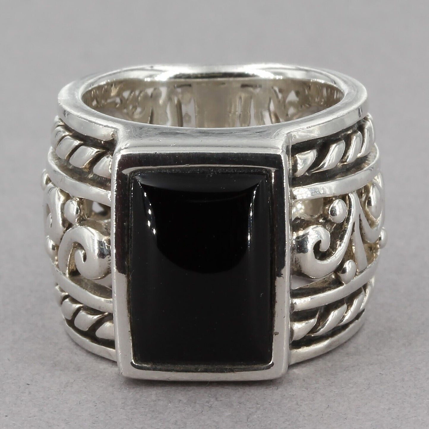 Vintage Silpada Sterling Silver Black Onyx Rope & Scroll Wide Ring R1096 Sz 5.75