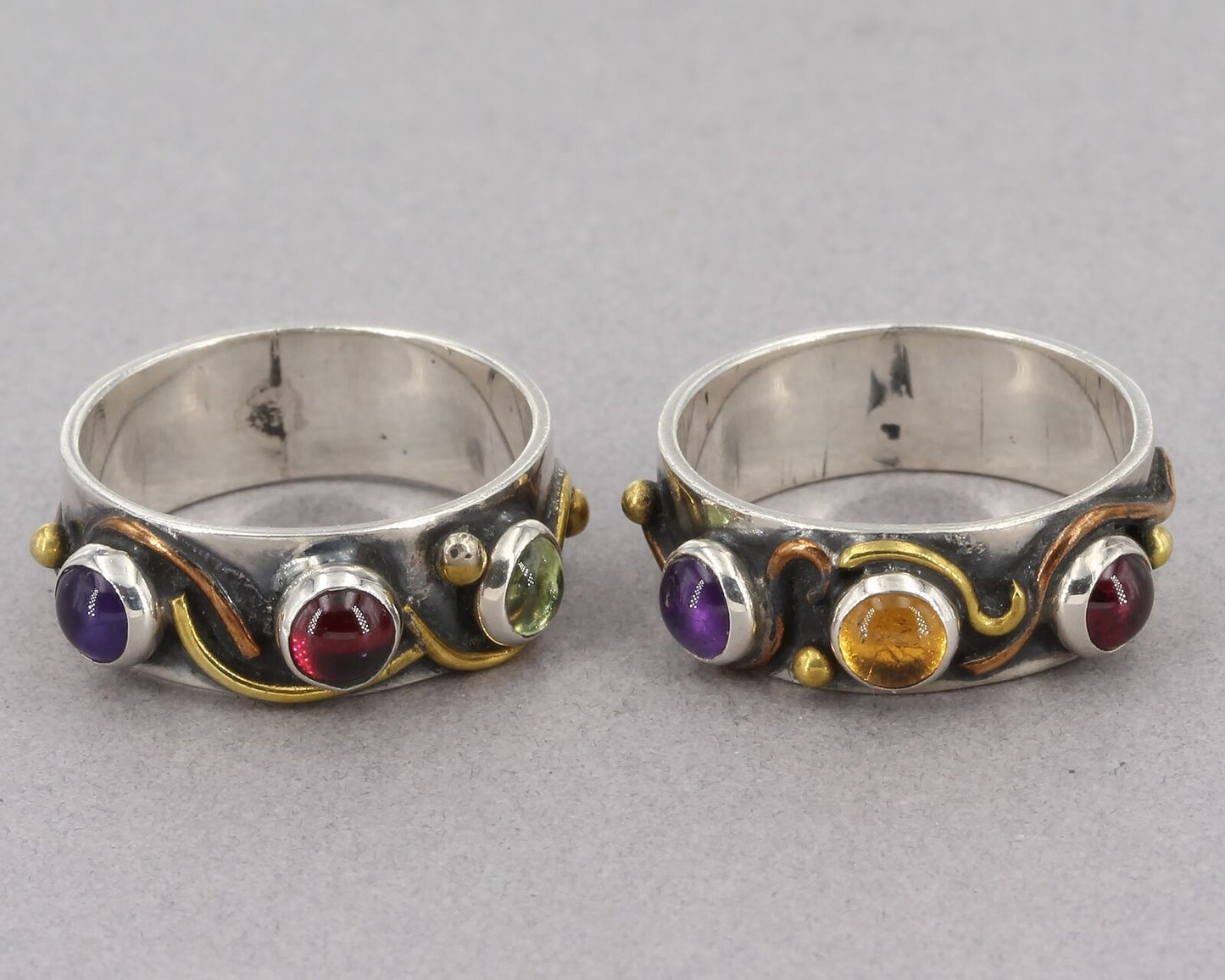 2 Handcrafted L. Leigh Linton Sterling Mixed Metal Gemstone Cabochon Rings 4.75+