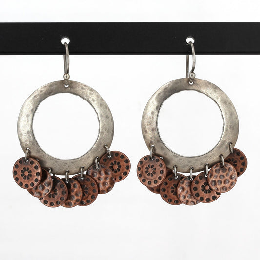 Retired Silpada Hammered Sterling Copper "Coin" Charm Dangle Earrings W1559 HTF