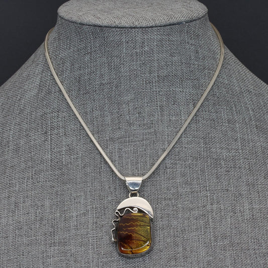 Unique Artisan Handcrafted Reverse Carved Baltic Amber Sterling Pendant Necklace