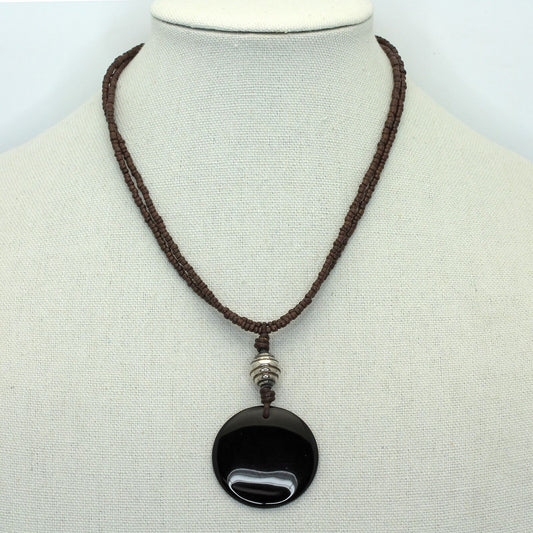 Peyote Bird Designs Handcrafted Sterling Brown Bead Black Disk Pendant Necklace