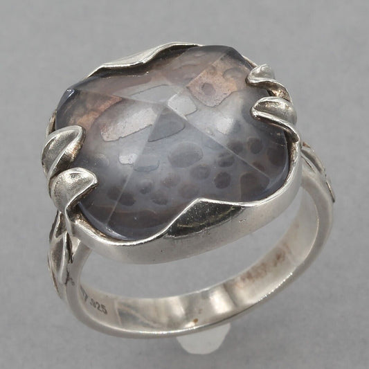Retired Silpada Sterling Silver Etched Blue/Gray Glass Ring R2234 Size 6.25