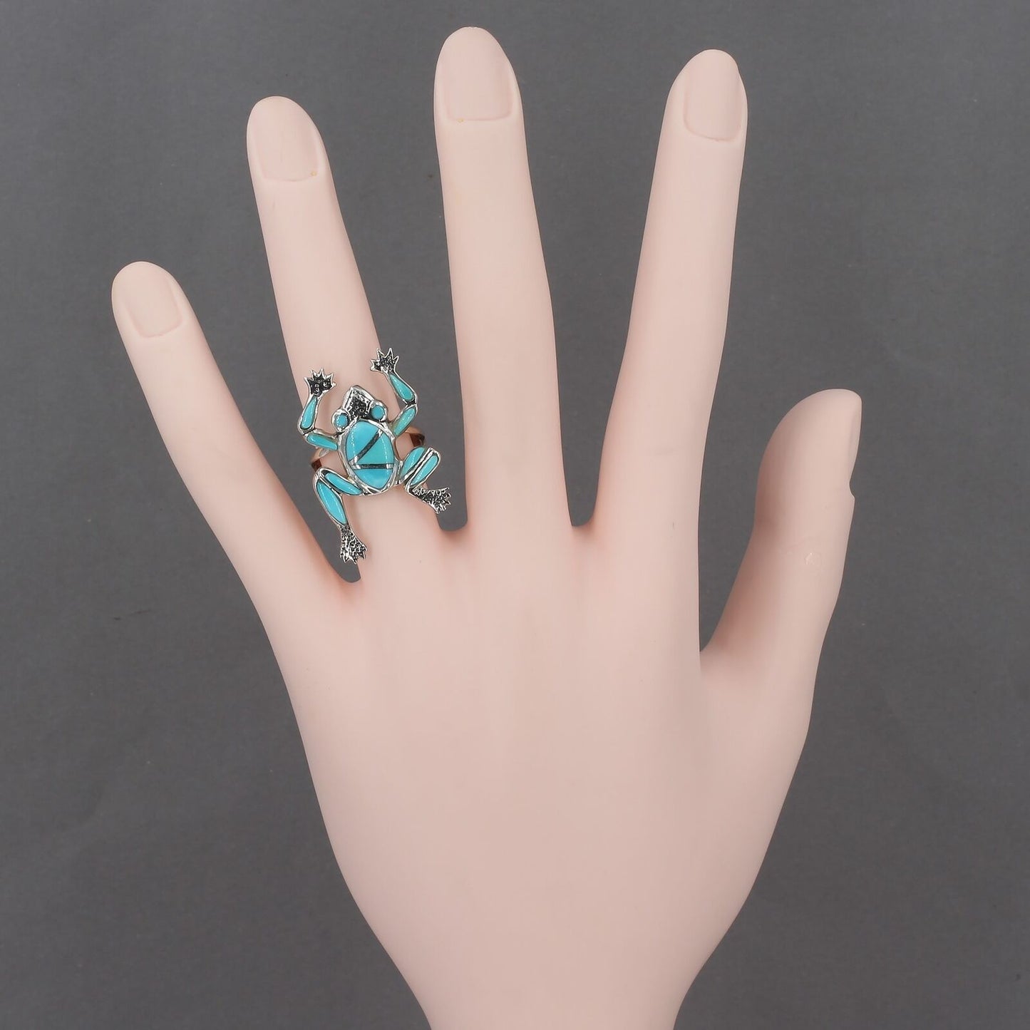 Signed Philipines Handcrafted Sterling Silver Turquoise Inlay Frog Ring Size 6