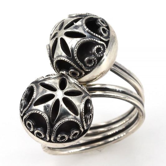 Vintage Beau Sterling Openwork Filigree Double Ball Bypass Adjustable Wrap Ring