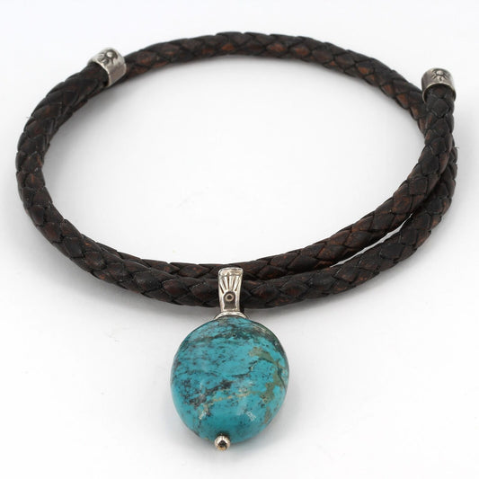 Shube's Brown Sterling Braided Leather Memory Wire Choker with Turquoise Pendant