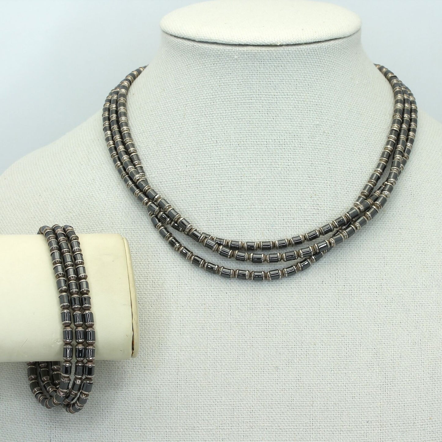 Vintage Silpada Sterling Hematite Bead 3-Strand Bracelet & Necklace B0618 N0839