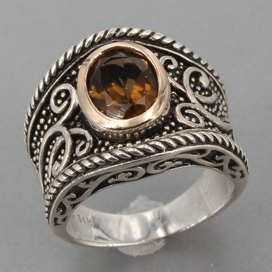 Oxidized Textured Sterling Silver & 14K Gold Smoky Quartz Band Ring Size 5.75