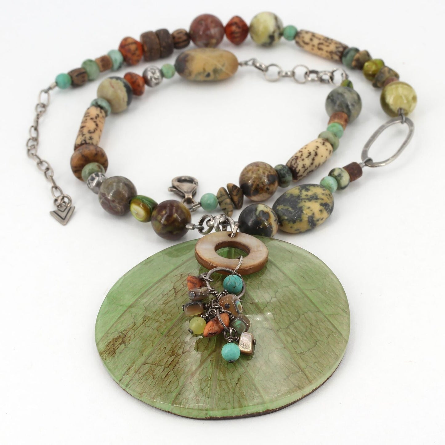Retired Silpada Reversible Kabkaban Leaf Pendant Multi-Stone Bead Necklace N1855