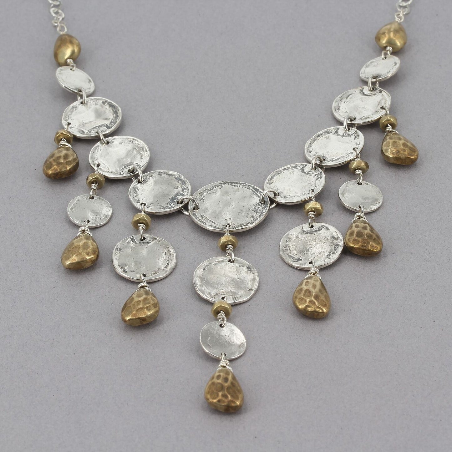 Retired Silpada Hammered Sterling Disc & Brass Drops WIDE ARRAY Necklace N3450