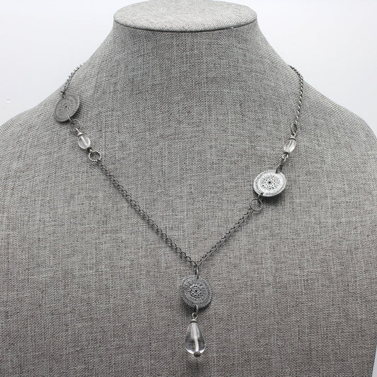 Retired Silpada Oxidized Sterling "Coin" Station Crystal Drop Necklace N1713