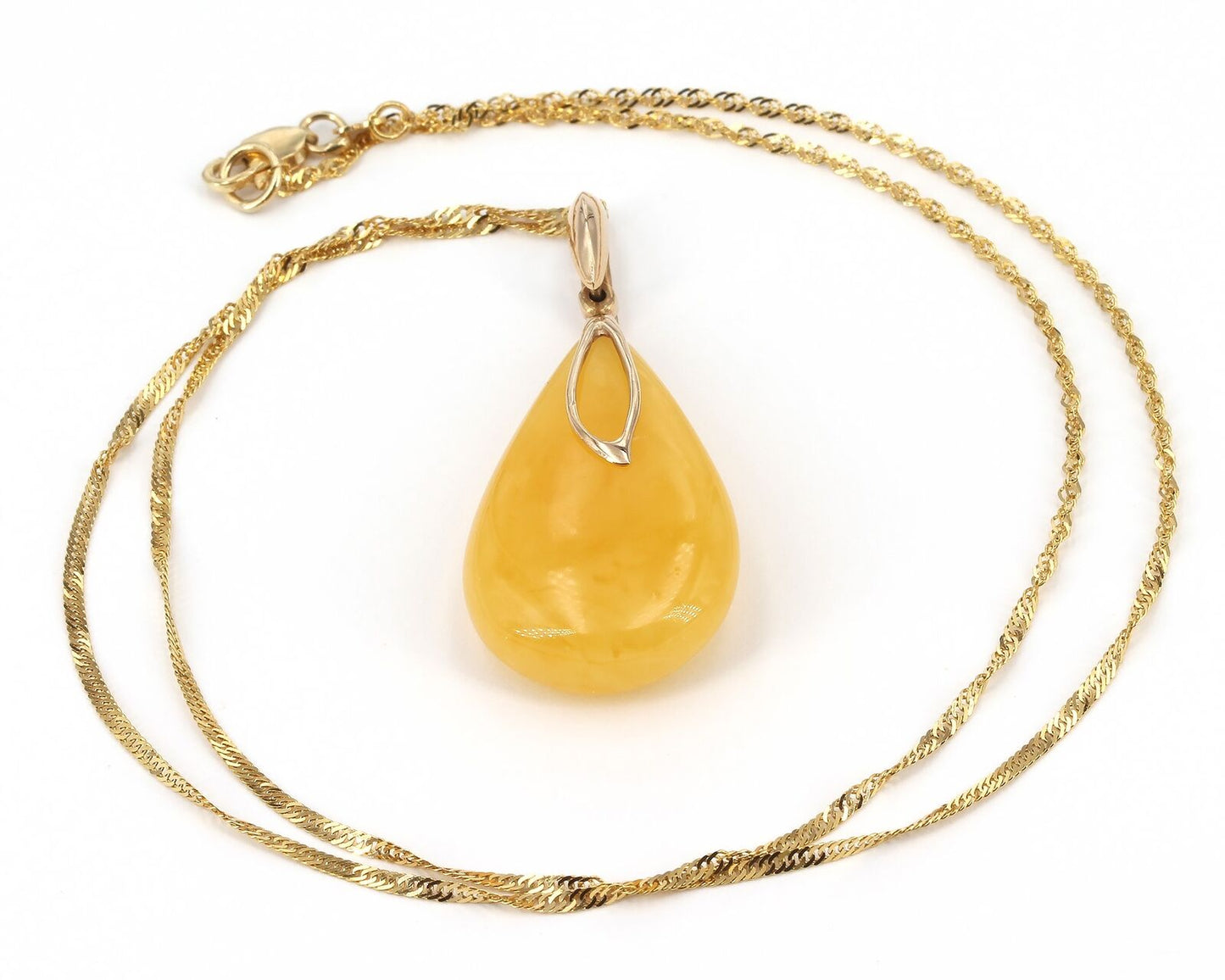 Solid 14K Gold Baltic Egg Yolk Amber Pendant on 18" Singapore Chain Necklace