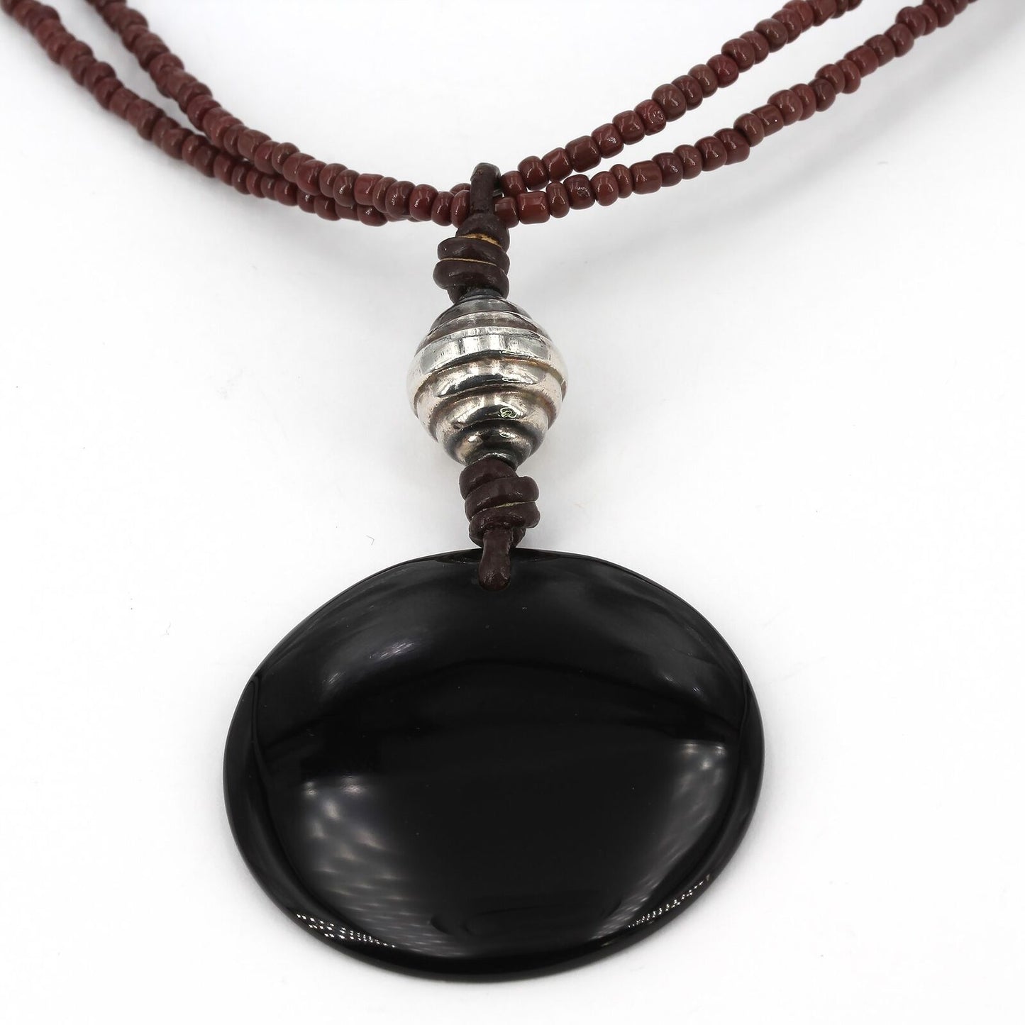 Peyote Bird Designs Handcrafted Sterling Brown Bead Black Disk Pendant Necklace