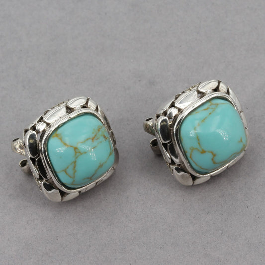 5/8" Square Sterling Silver Simulated Turquoise Omega-Back Post Earrings
