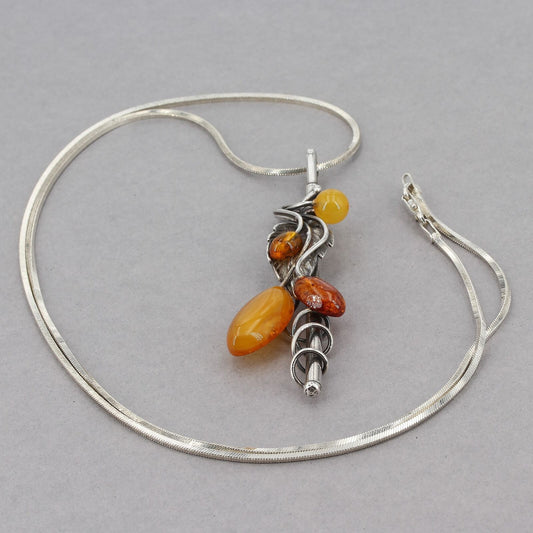 Large Handcrafted Sterling Baltic Amber Leaf & Tendril Design Pendant 24" Chain