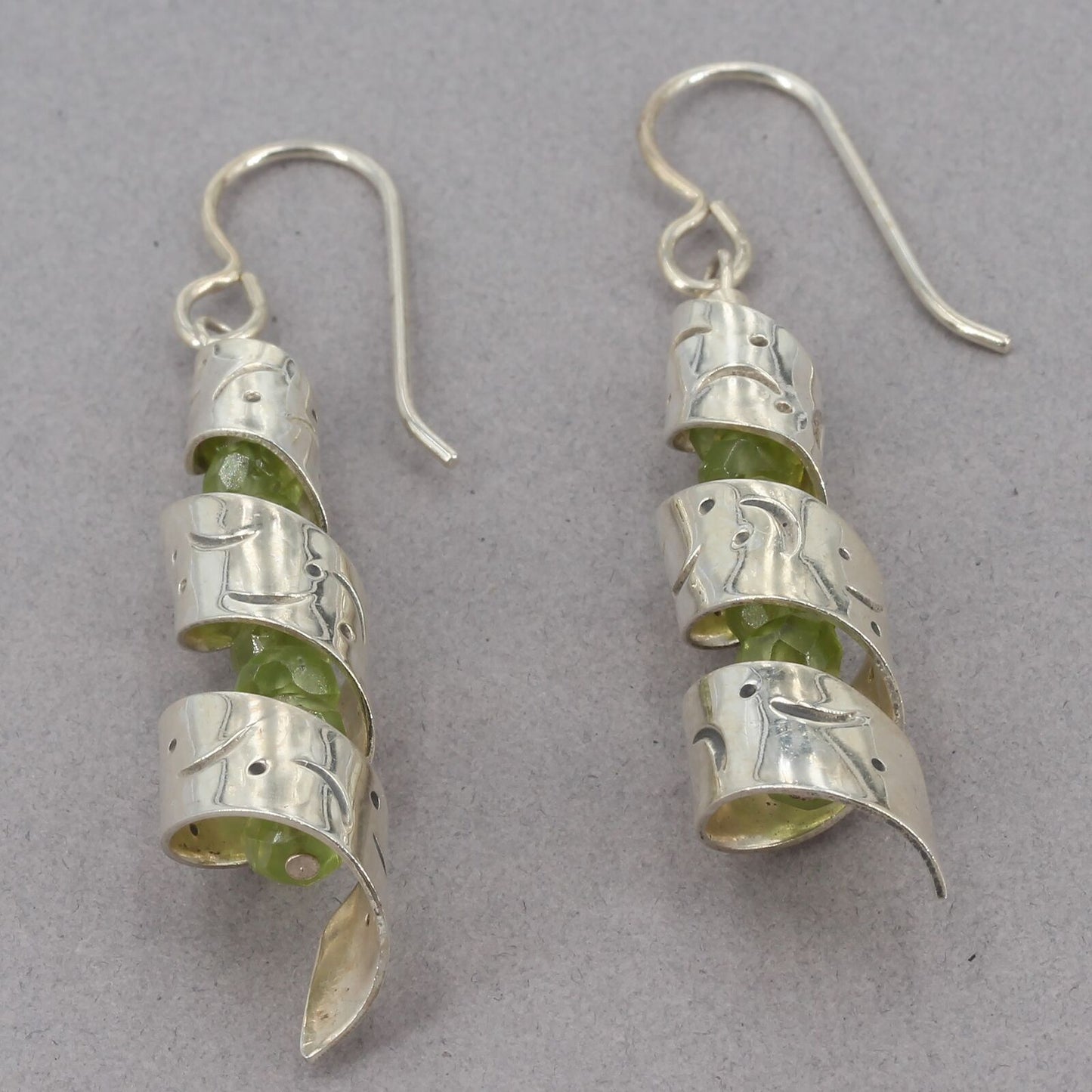 Unique Artisan Handcrafted Sterling Spiral Wrap Peridot Strand Dangle Earrings