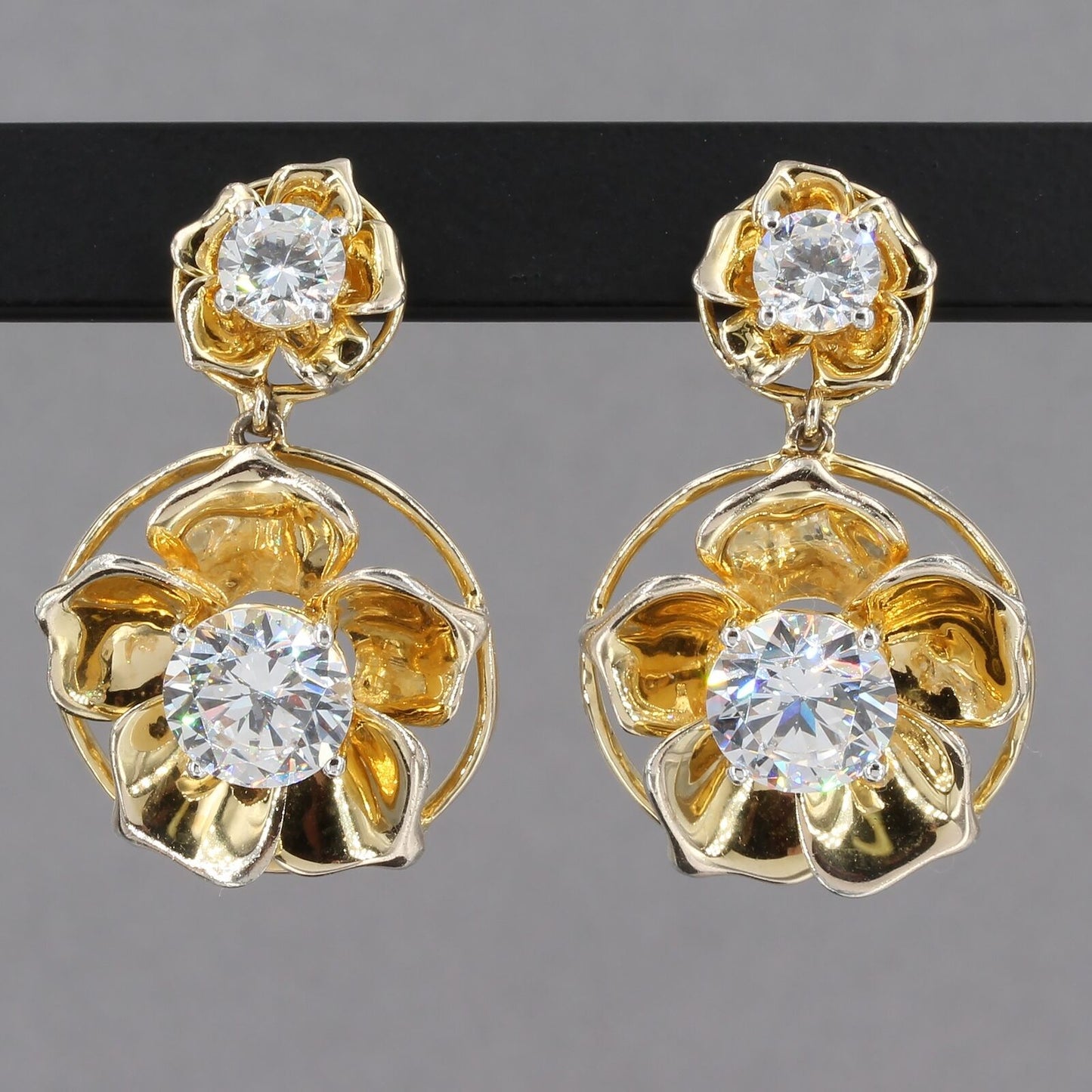 Gold Plated Sterling Bold CZ Flower Dangle Earrings 7/8" x 1-3/8" 13.9 Grams