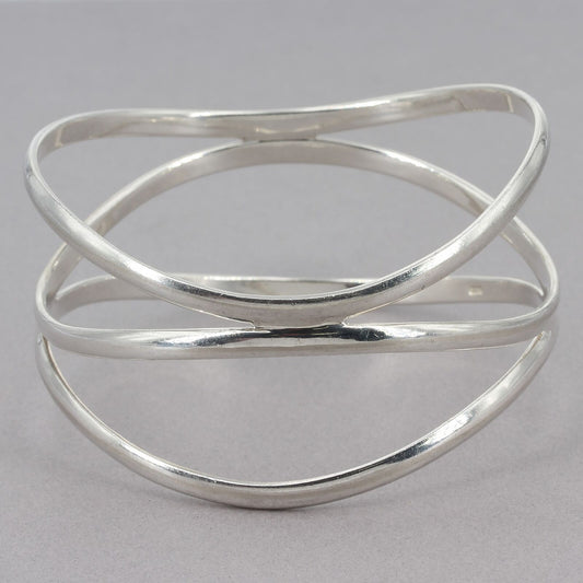 Sterling Silver Wavy Contoured 3-Row Wide 8" Bangle Bracelet 41.2 Grams