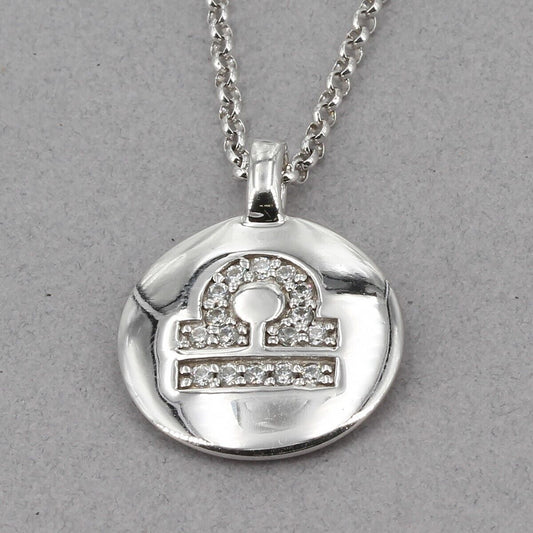 Alex Woo Charmbar Sterling Silver CZ Libra Zodiac Symbol Disc Pendant Necklace