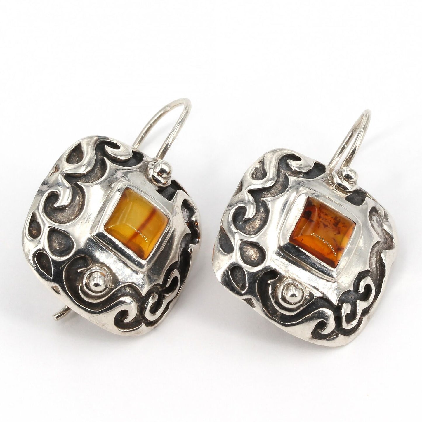 Vintage Silpada Sterling Silver Oxidized Artisan Scroll Amber Earrings W0911