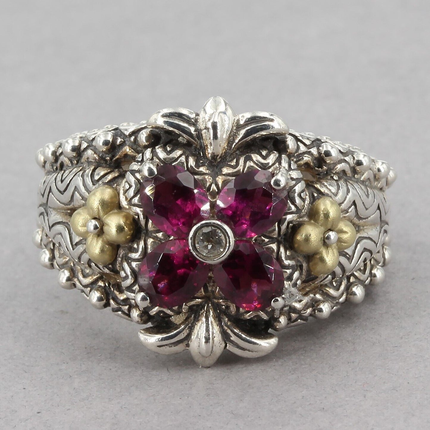 Barbara Bixby Sterling Silver & 18K Gold Rhodolite Garnet Lotus Flower Ring Sz 8