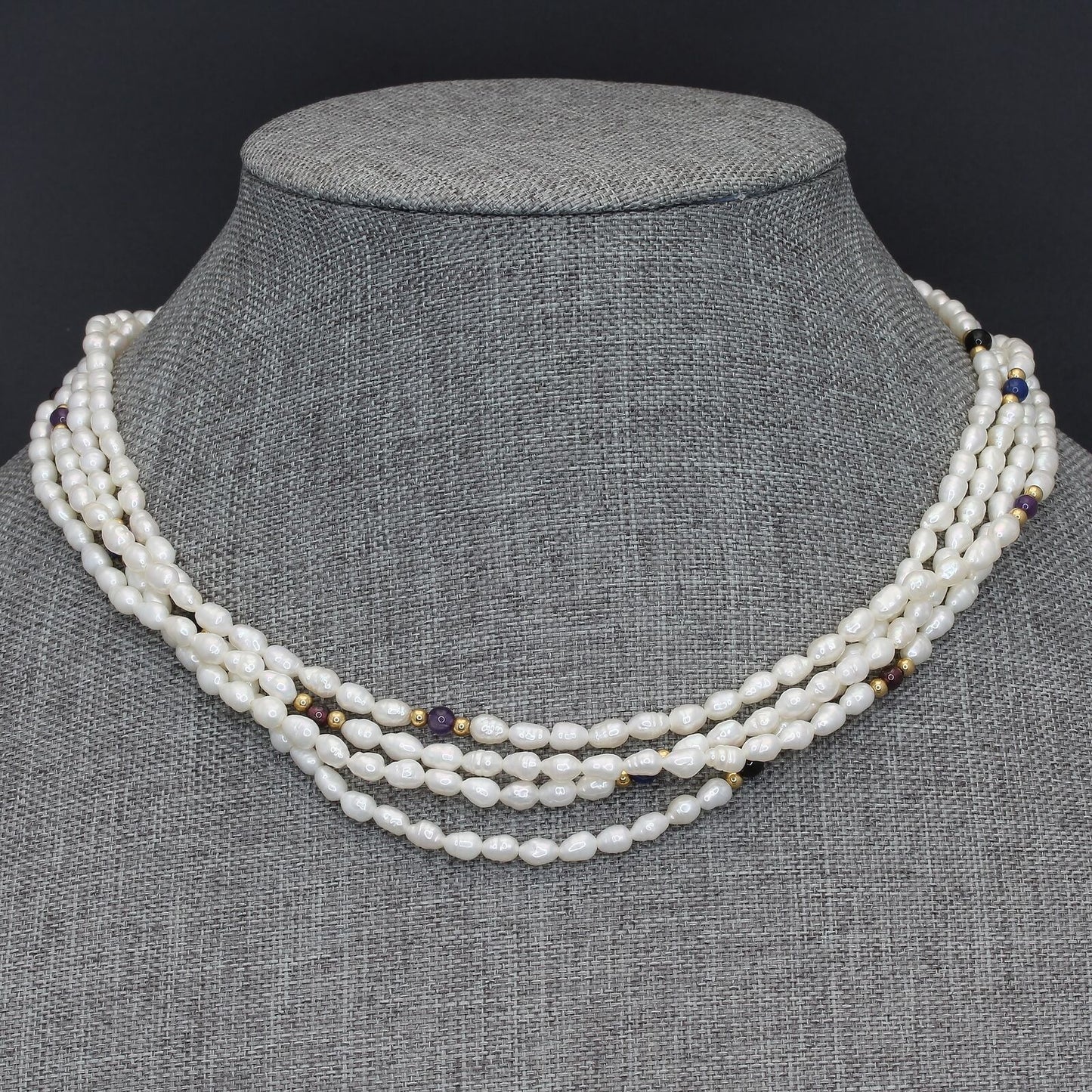 14K Gold Freshwater Pearl Multi-Gemstone Station 4 Strand 18" Necklace