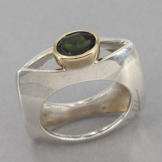 Pepe Cerroblanco Sterling Gold Bezel Green Tourmaline Sculptural Ring Size 6.75