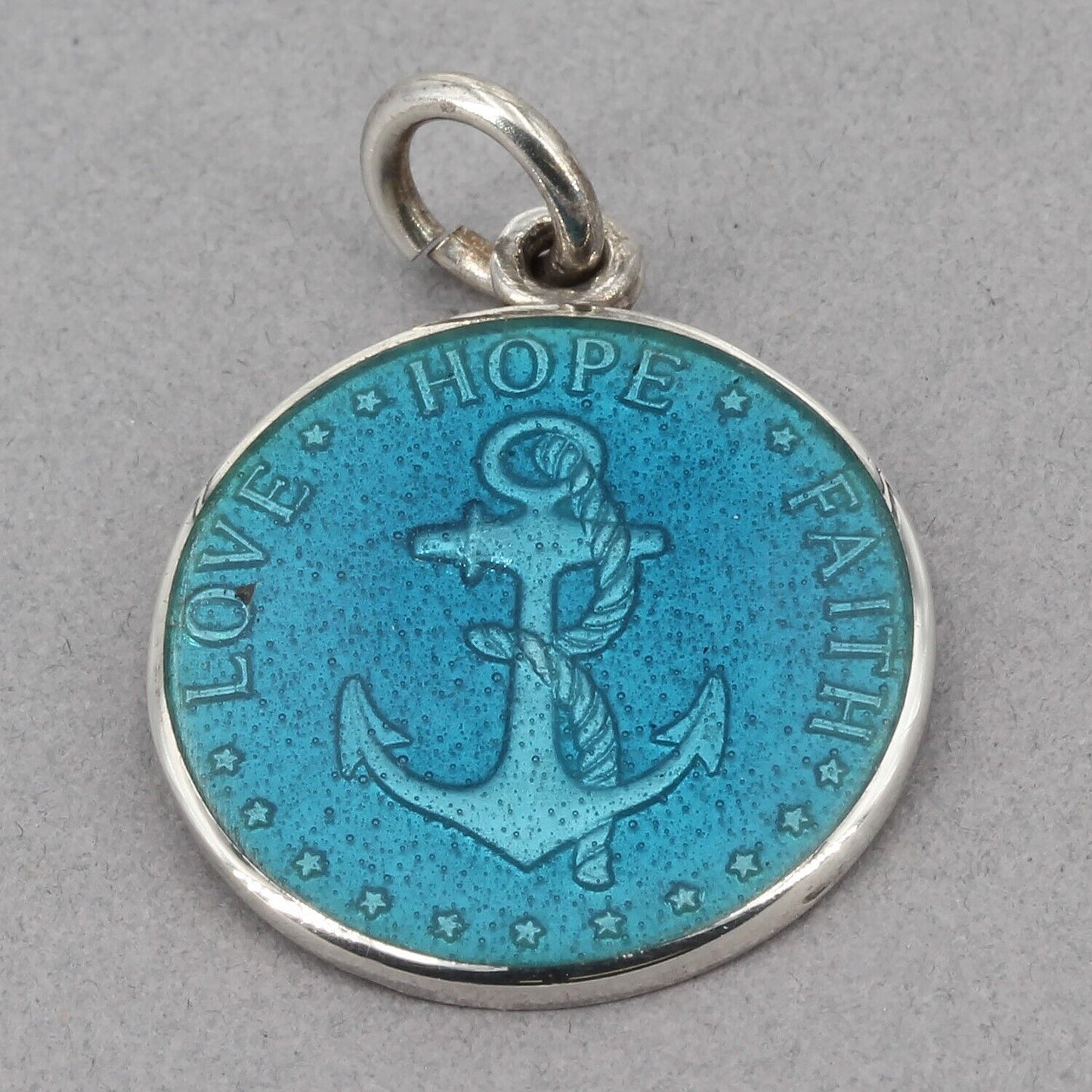 JT Inman Sterling Silver Blue Enamel LOVE HOPE FAITH Anchor 3/4" Charm Pendant