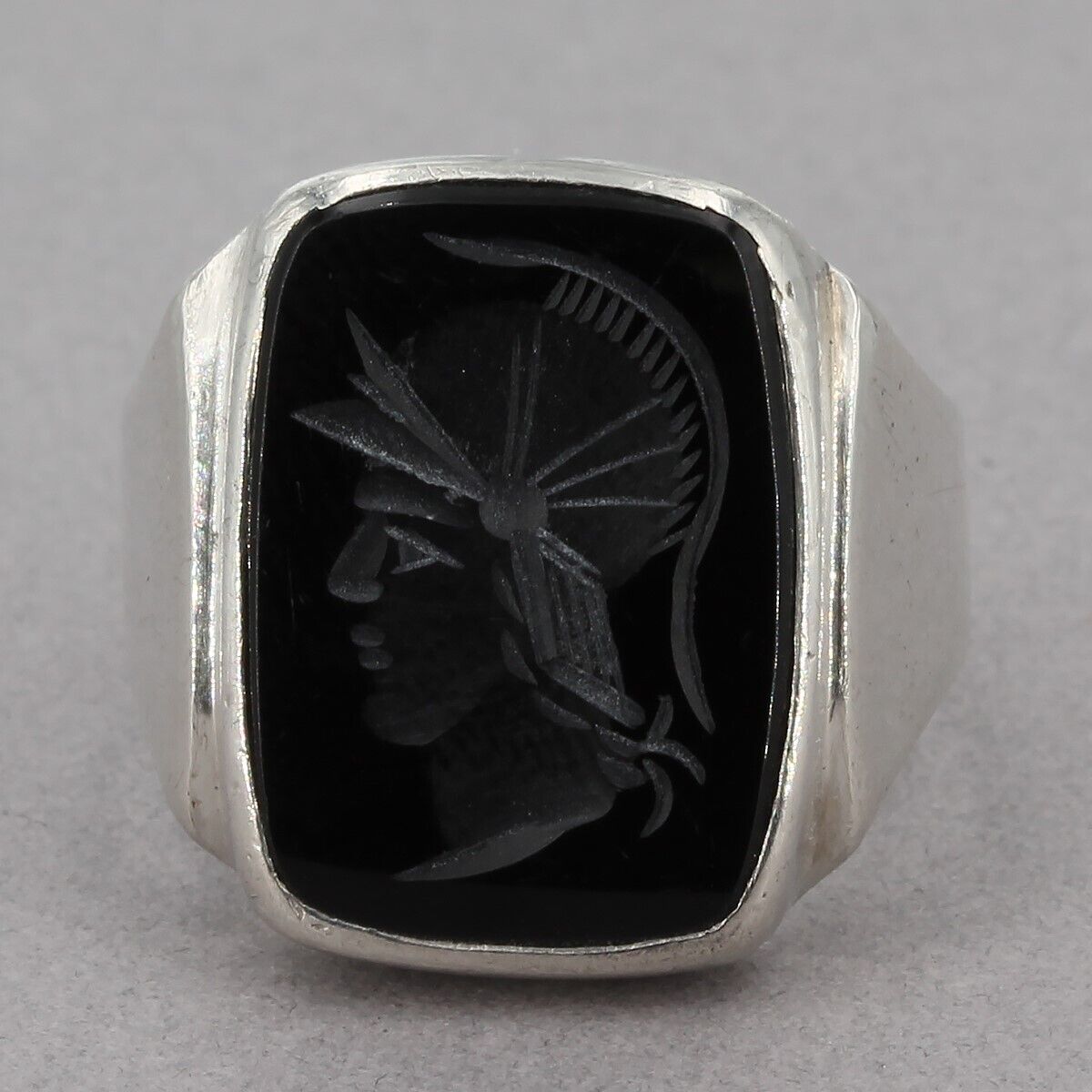 Antique Sterling Silver Carved Centurion Intaglio Black Onyx Ring Size 7+