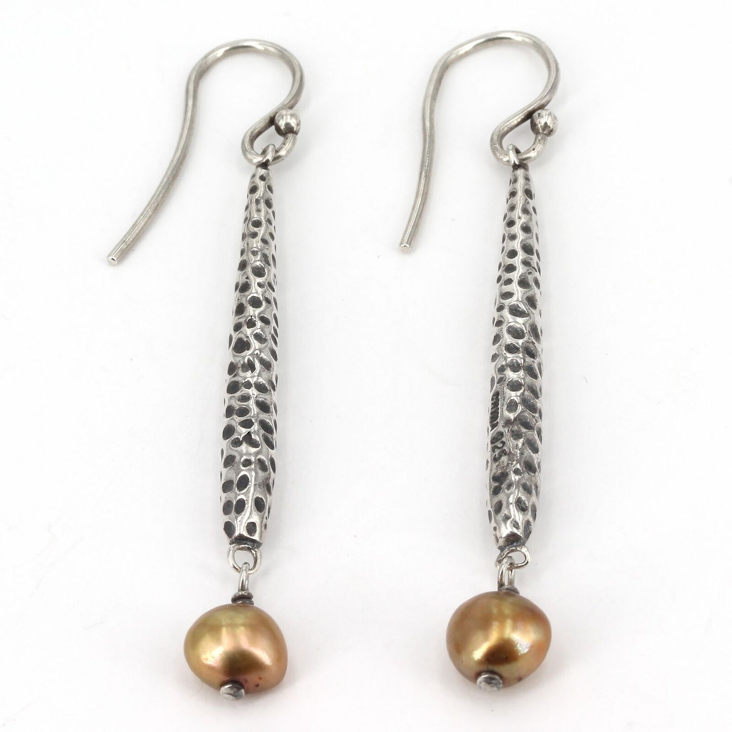 Retired Silpada Hammered Sterling Silver Bar Bronze Pearl Dangle Earrings W1604