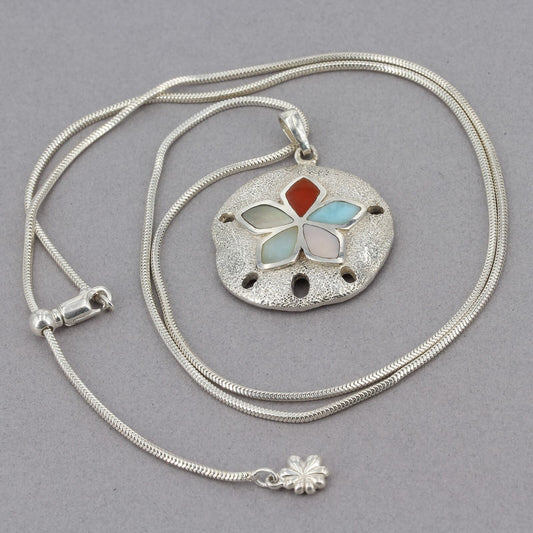 RARE Marahlago Sterling Larimar & Shell Sand Dollar Pendant Adjustable Necklace