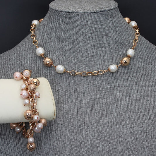 Bronze Honora Freshwater Pearl Station 18" Necklace & 8" Cha-Cha Charm Bracelet