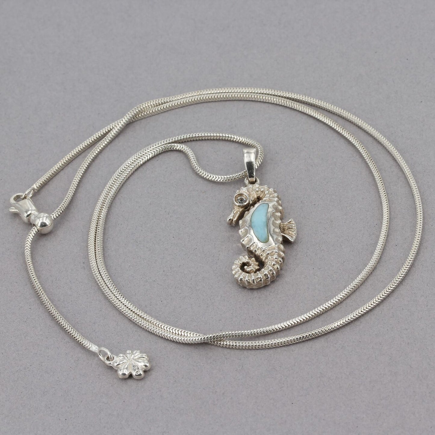 Marahlago Sterling Larimar Seahorse Topaz Eye Pendant Adjustable Chain Necklace