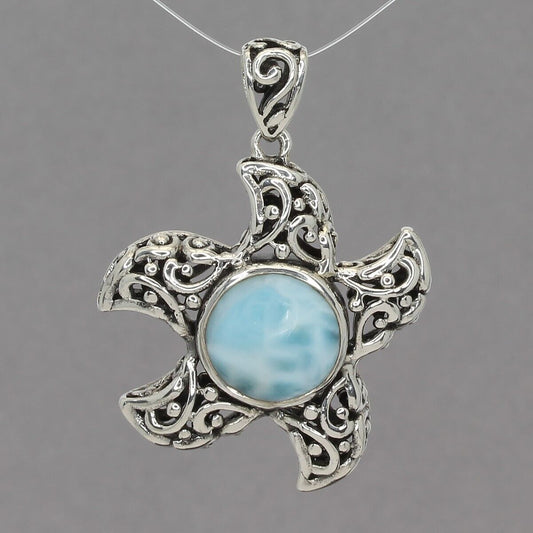 MarahLago Sterling Silver Open Scroll Filigree Larimar Starfish Pendant 1-5/8" L